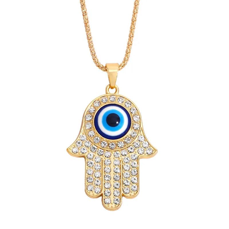 Evil Eye Necklace with CZ Hamsa Hand Pendant-Evil Eye Necklace-Auswara