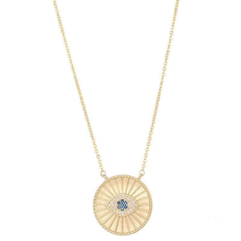 Gold Colour Disc With Evil Eye Pendant Necklace-Evil Eye Necklace-Auswara