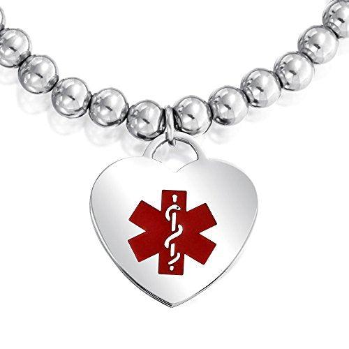 Medical Alert ID Bead Bracelet with Mini Heart Charm