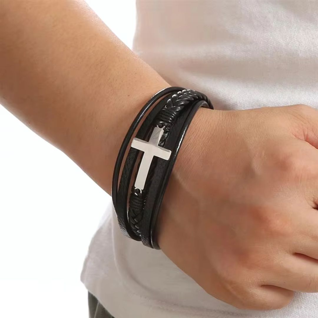 Men's Black Cross Magnetic Bracelet – Personalised Engraving-Personalised Bracelet-Auswara