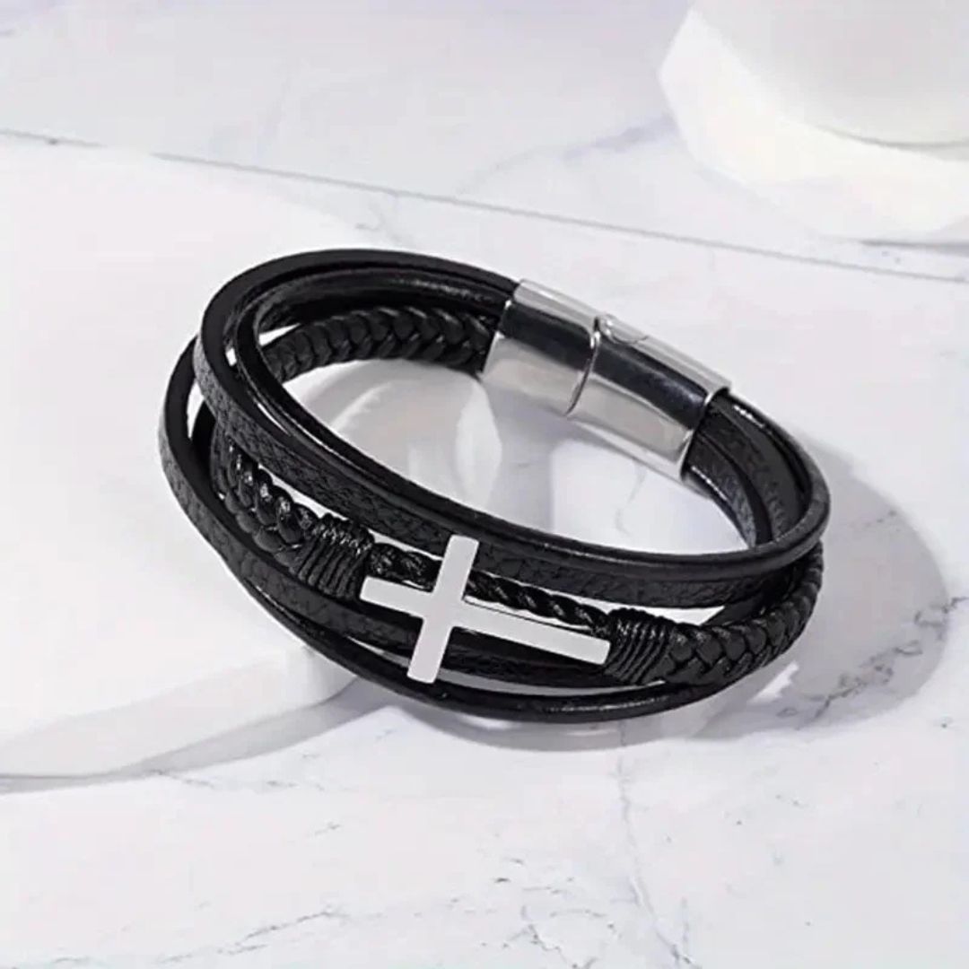 Men's Black Cross Magnetic Bracelet – Personalised Engraving-Personalised Bracelet-Auswara