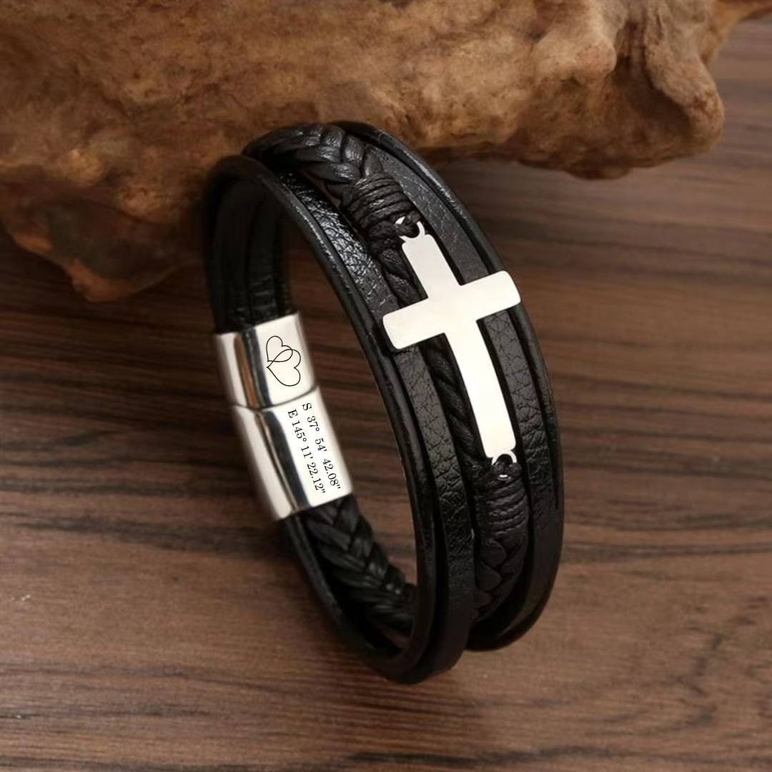 Men's Black Cross Magnetic Bracelet – Personalised Engraving-Personalised Bracelet-Auswara