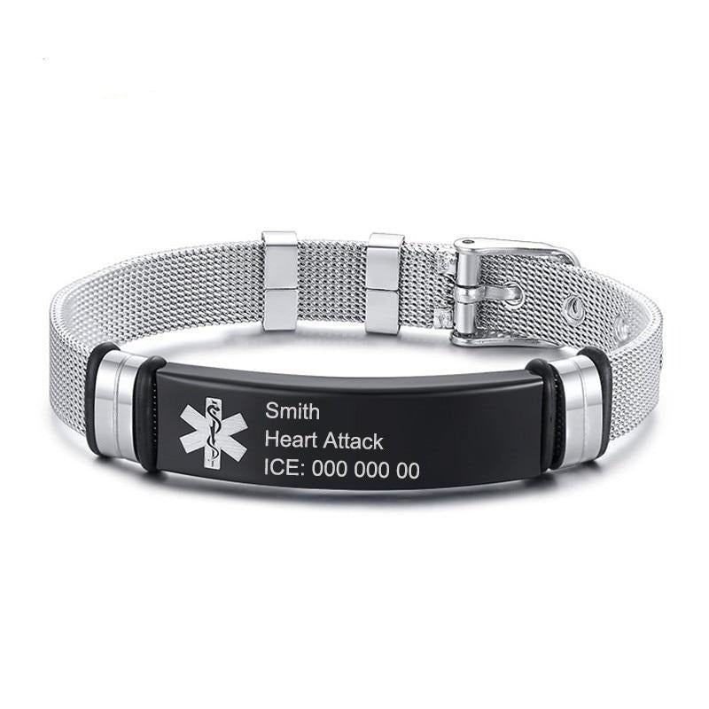 Personalised Black Bar Medical Alert ID Mesh Bracelet - Auswara