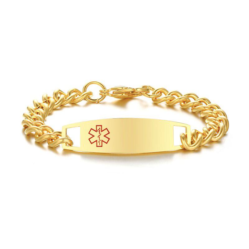 Personalised Gold Colour Medical Alert Chain Bracelet-Medical ID Bracelet-Auswara