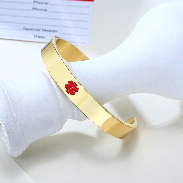 Personalised Gold Colour Medical Cuff Bracelet-Medical ID Bracelet-Auswara