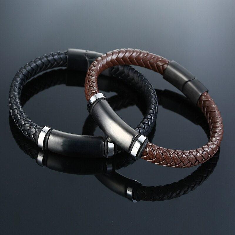 Personalised Leather Bracelet with Black Bar-Personalised Bracelet-Auswara