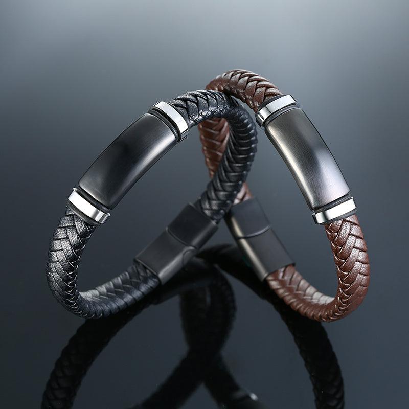 Personalised Leather Bracelet with Black Bar-Personalised Bracelet-Auswara
