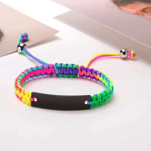Personalised Rainbow Braided Bracelet with Black Bar-Identification Bracelet-Auswara