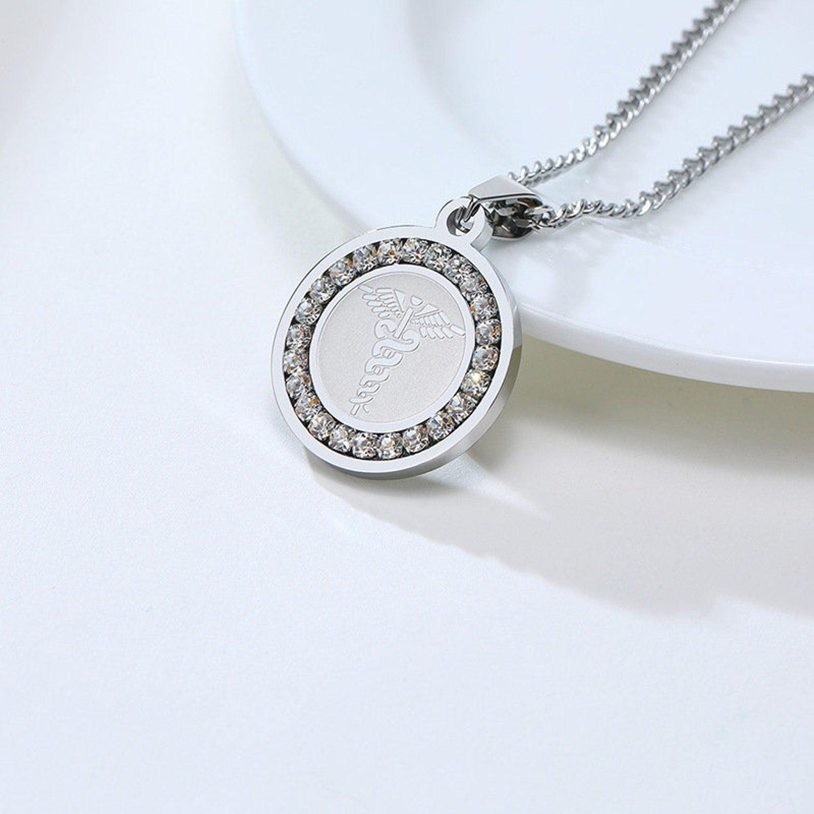 Personalised Round Medical Tag ID Necklace – Silver Colour-Medical Necklace-Auswara