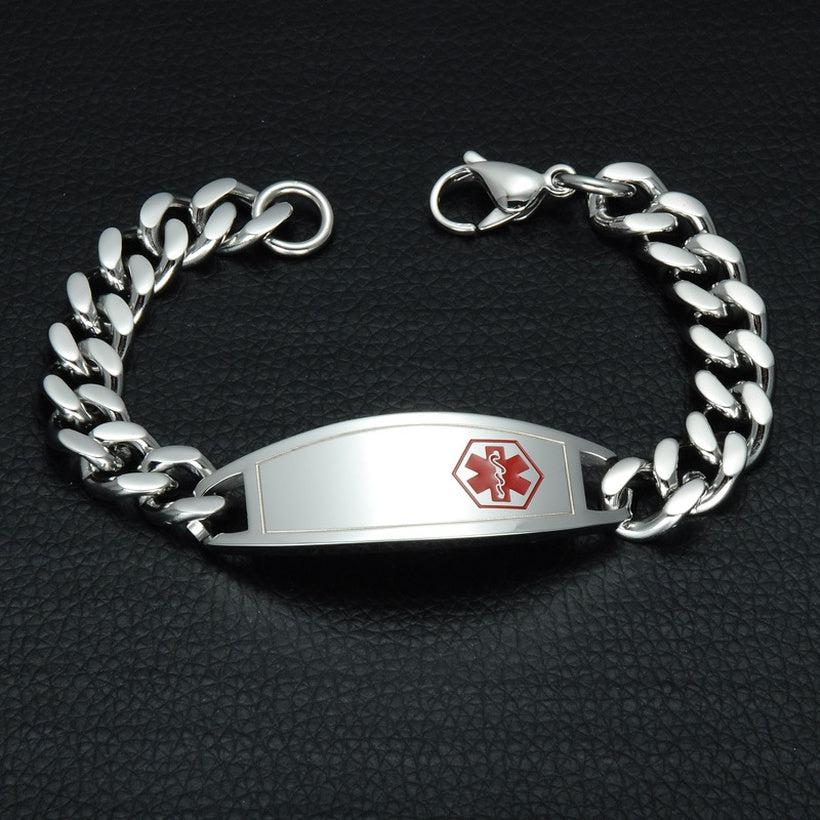 Personalised Silver Steel Medical Alert Chain Bracelet Auswara