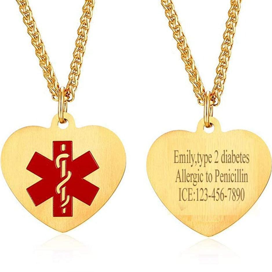 Personalised Stainless Steel Medical Heart ID Pendant – Gold Colour-Medical Necklace-Auswara