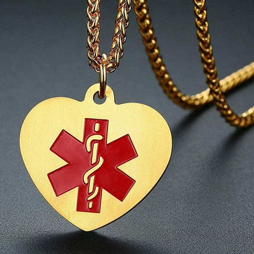 Personalised Stainless Steel Medical Heart ID Pendant – Gold Colour-Medical Necklace-Auswara