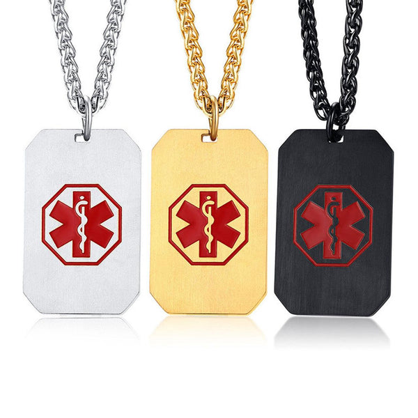 Mens Stainless Steel Medical Alert Dog Tag Pendant Necklace Chain Free  Engraving | eBay