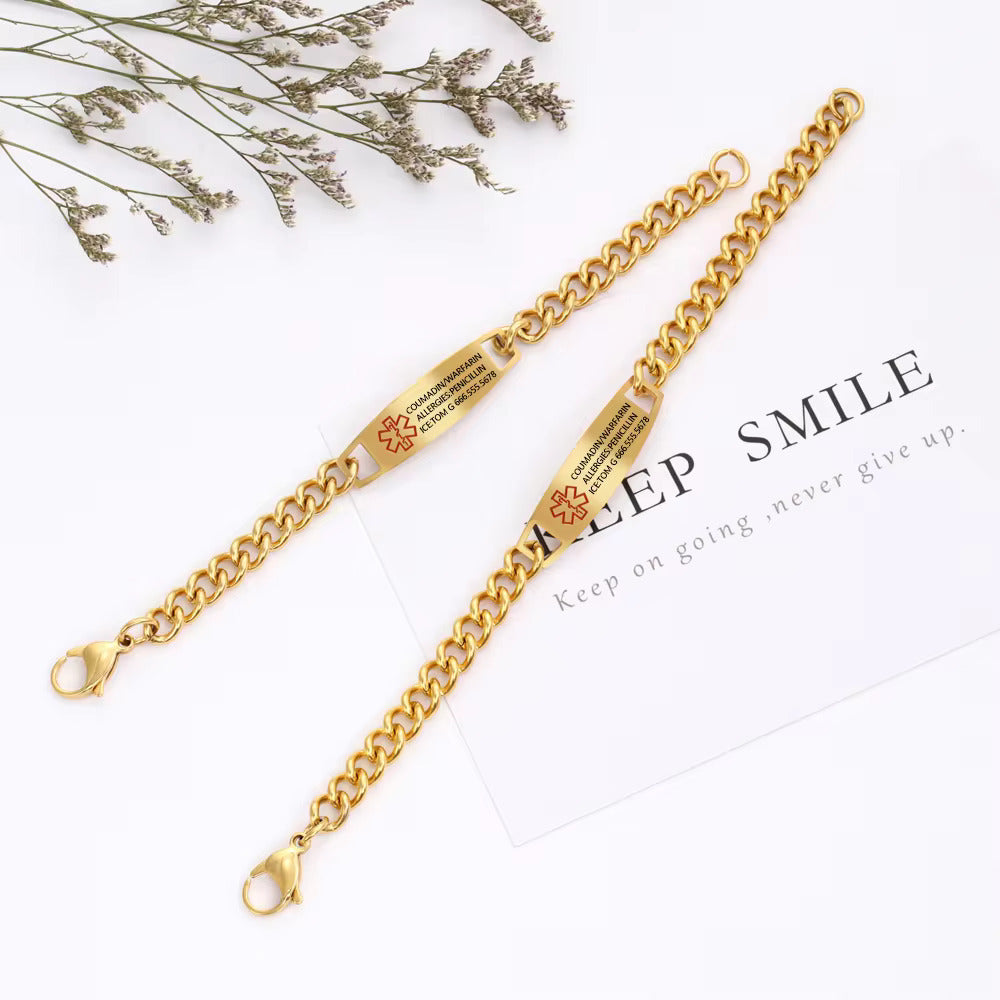 Personalised Gold Colour Medical Alert Chain Bracelet