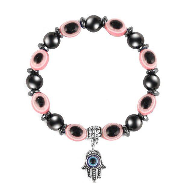 Pink & Grey Evil Eye Beads Bracelet with Hamsa Charm-Evil Eye Bracelet-Auswara