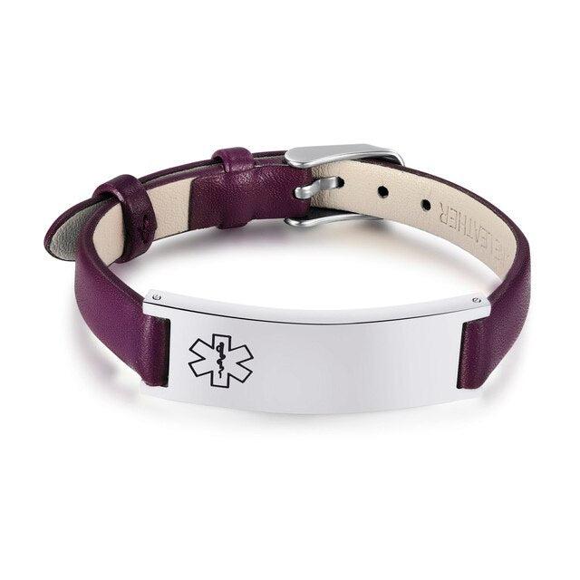 Purple Leather Medical Alert ID Bracelet-Medical ID Bracelet-Auswara