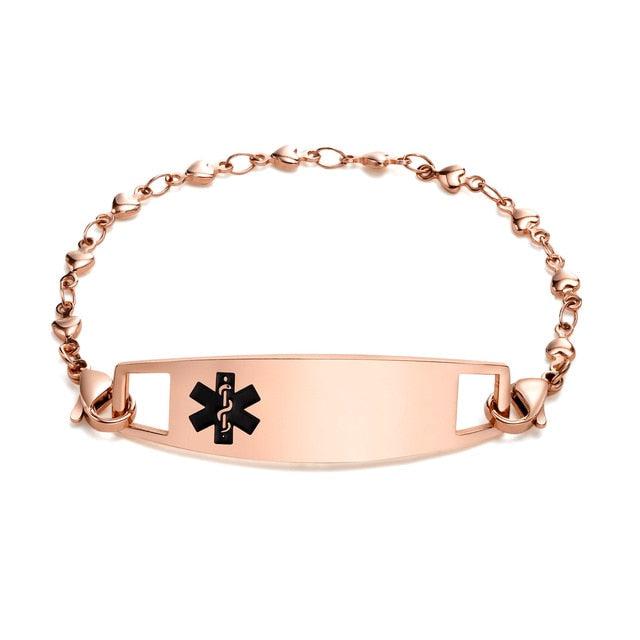 Rose Gold Heart Link Medical Alert Bracelet-Medical ID Bracelet-Auswara