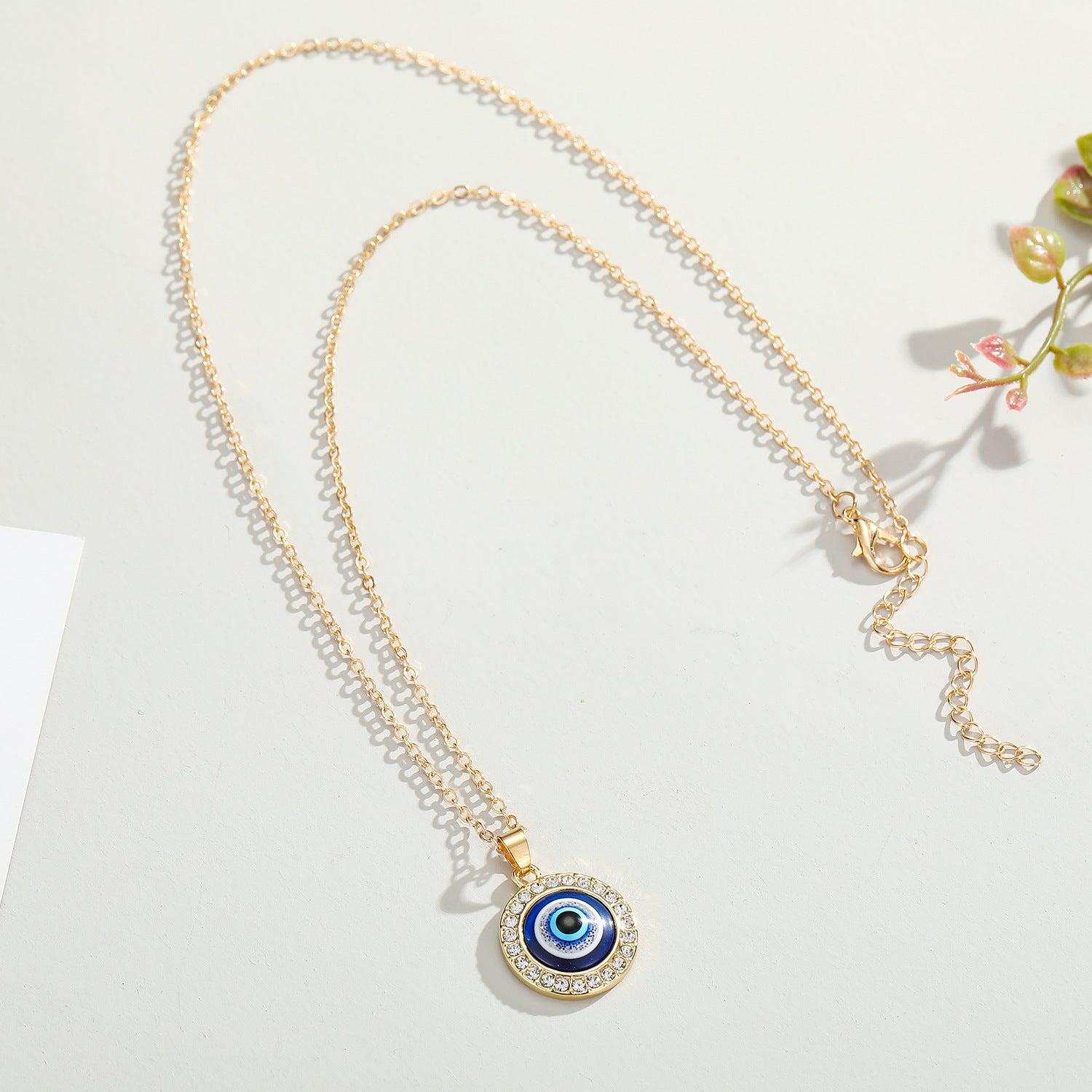 Round Evil Eye Pendant Necklace with Cubic Zirconia in Gold Colour-Evil Eye Necklace-Auswara