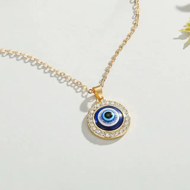 Round Evil Eye Pendant Necklace with Cubic Zirconia in Gold Colour-Evil Eye Necklace-Auswara