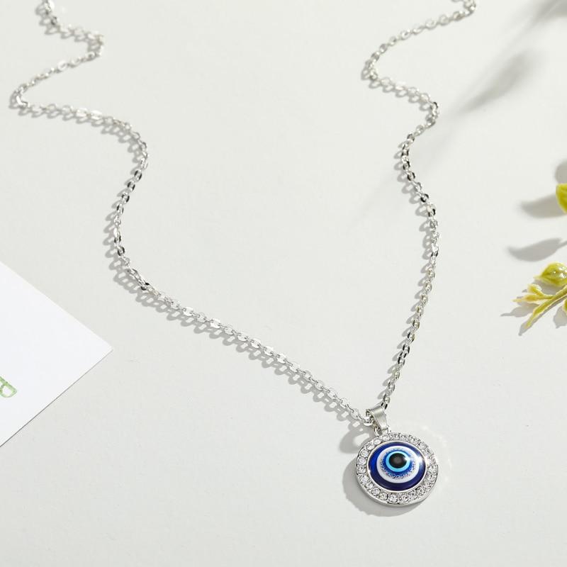 Round Evil Eye Pendant Necklace with Cubic Zirconia in Silver Colour-Evil Eye Necklace-Auswara