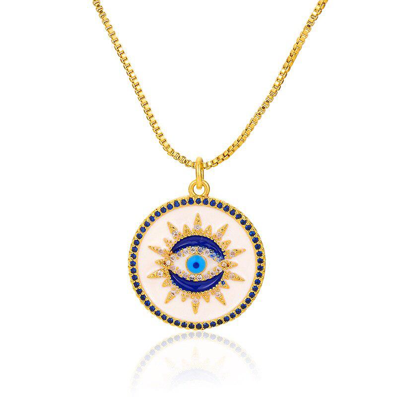 Round Evil Eye Pendant Necklace with Cubic Zirconia-Evil Eye Necklace-Auswara