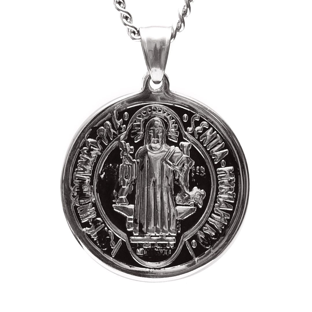 Saint Benedict Stainless Steel Medal Necklace-Cross Necklace-Auswara