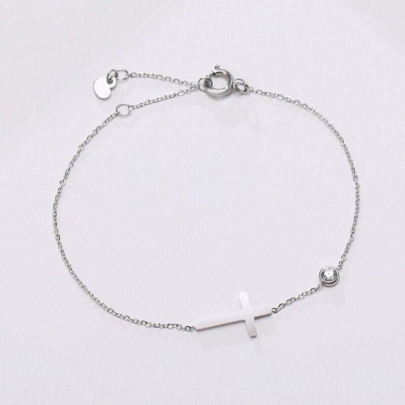 Silver Colour Adjustable Cross Chain Bracelet with Cubic Zirconia-Cross Bracelet-Auswara