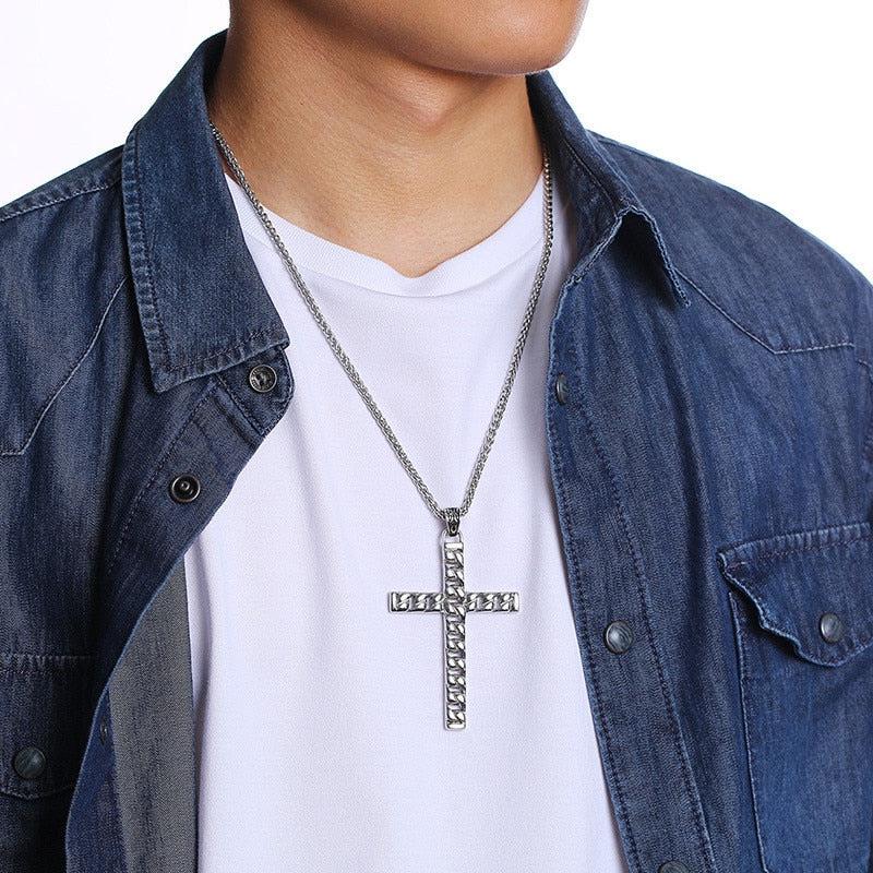 Silver Colour Cross Chain Pendant for Men-Cross Necklace-Auswara