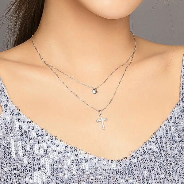 Silver Layered Heart & Cross Necklace-Cross Necklace-Auswara