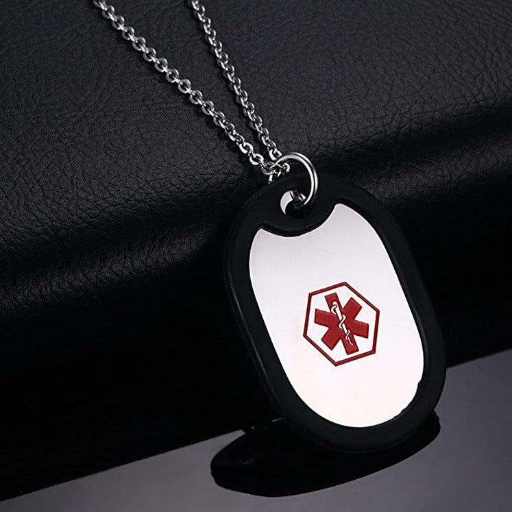 Sports Medical ID Silver Dog Tag Necklace with Rubber Edges-Medical Necklace-Auswara