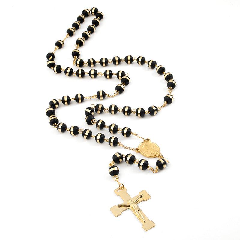 St Benedict Rosary Beads Necklace with Cross Pendant in Black & Gold-Cross Necklace-Auswara