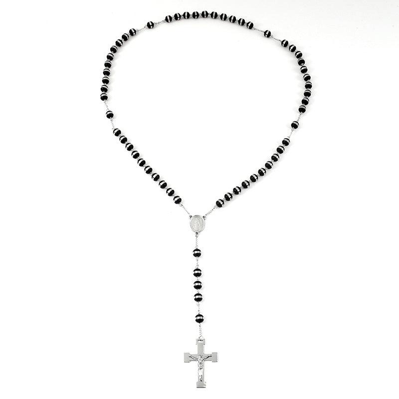 St Benedict Rosary Beads Necklace with Cross Pendant in Black & Silver-Cross Necklace-Auswara