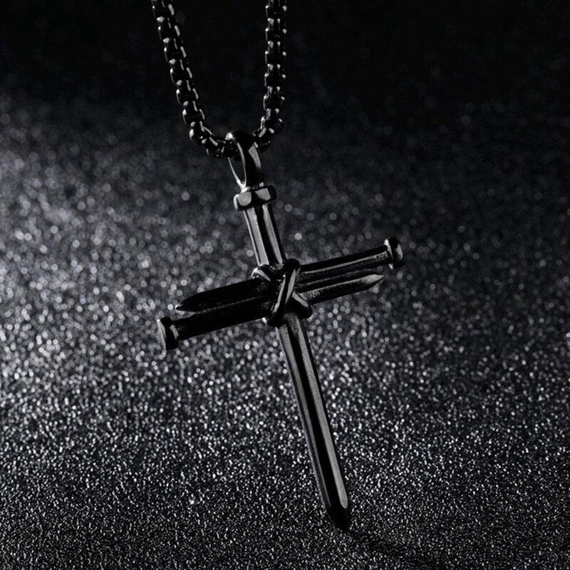 Stainless Steel Nail Cross Necklace – Black Colour-Cross Necklace-Auswara