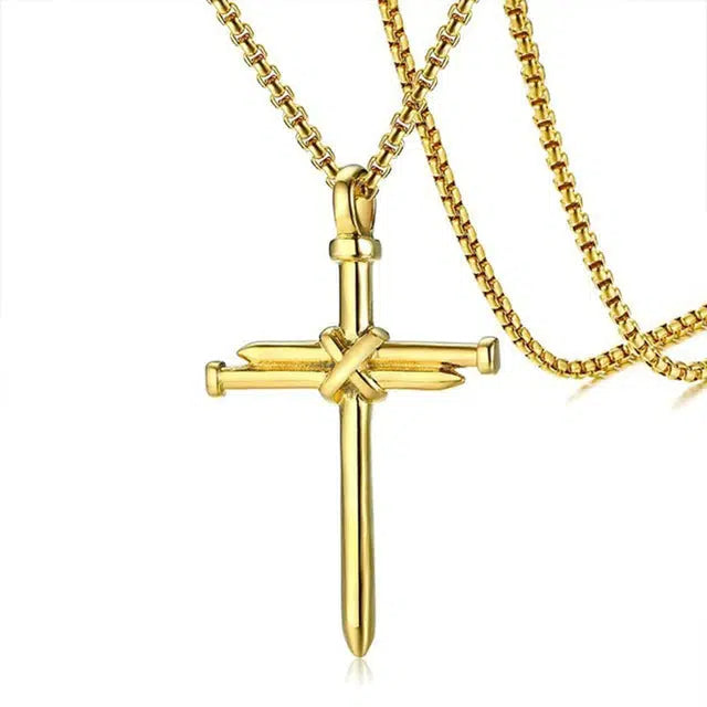 Stainless Steel Nail Cross Necklace – Gold Colour-Cross Necklace-Auswara