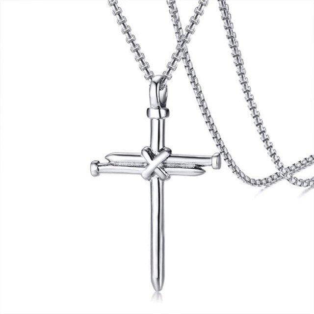 Stainless Steel Nail Cross Necklace – Silver Colour-Cross Necklace-Auswara