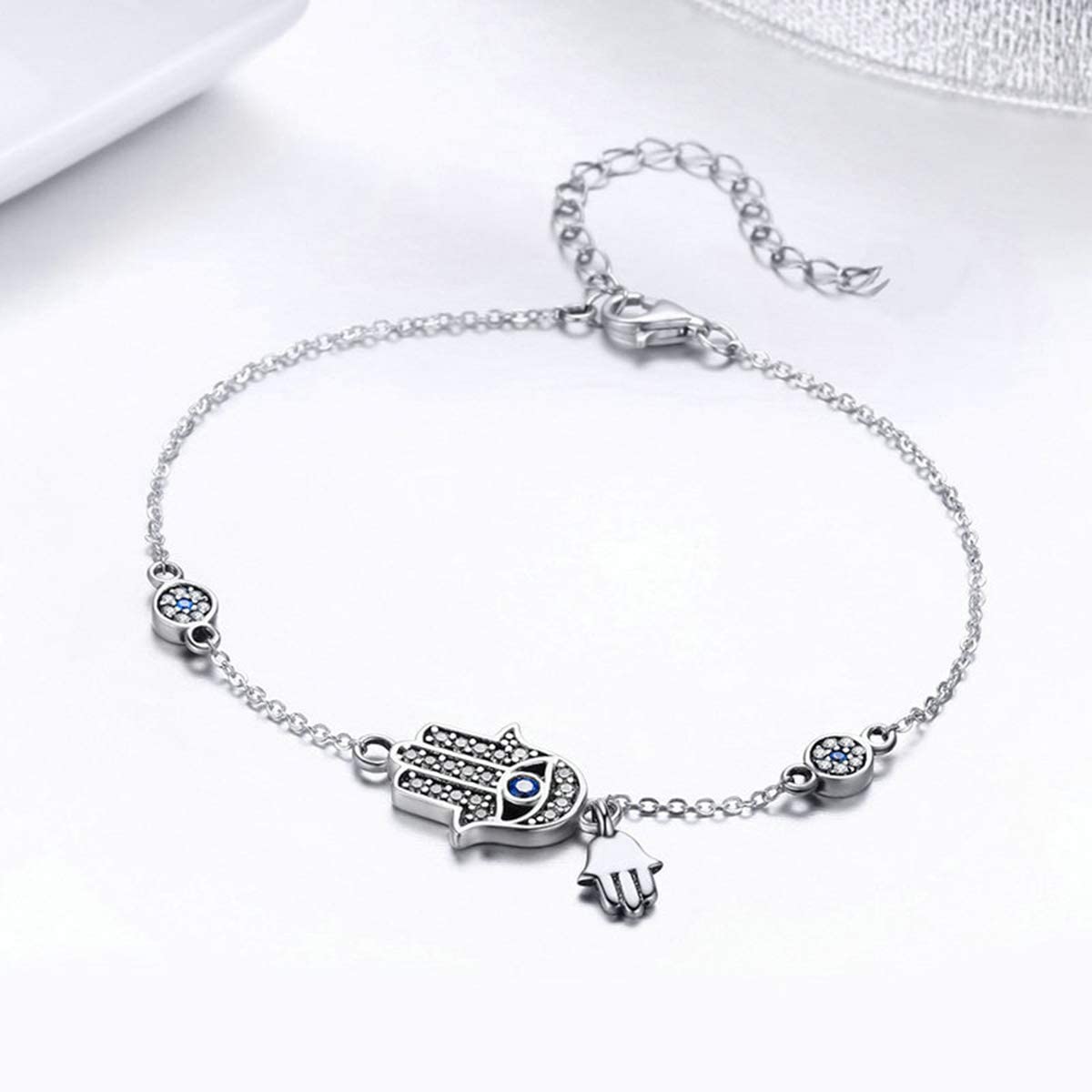 Sterling Silver Adjustable Hamsa Evil Eye Chain Bracelet-Evil Eye Bracelet-Auswara