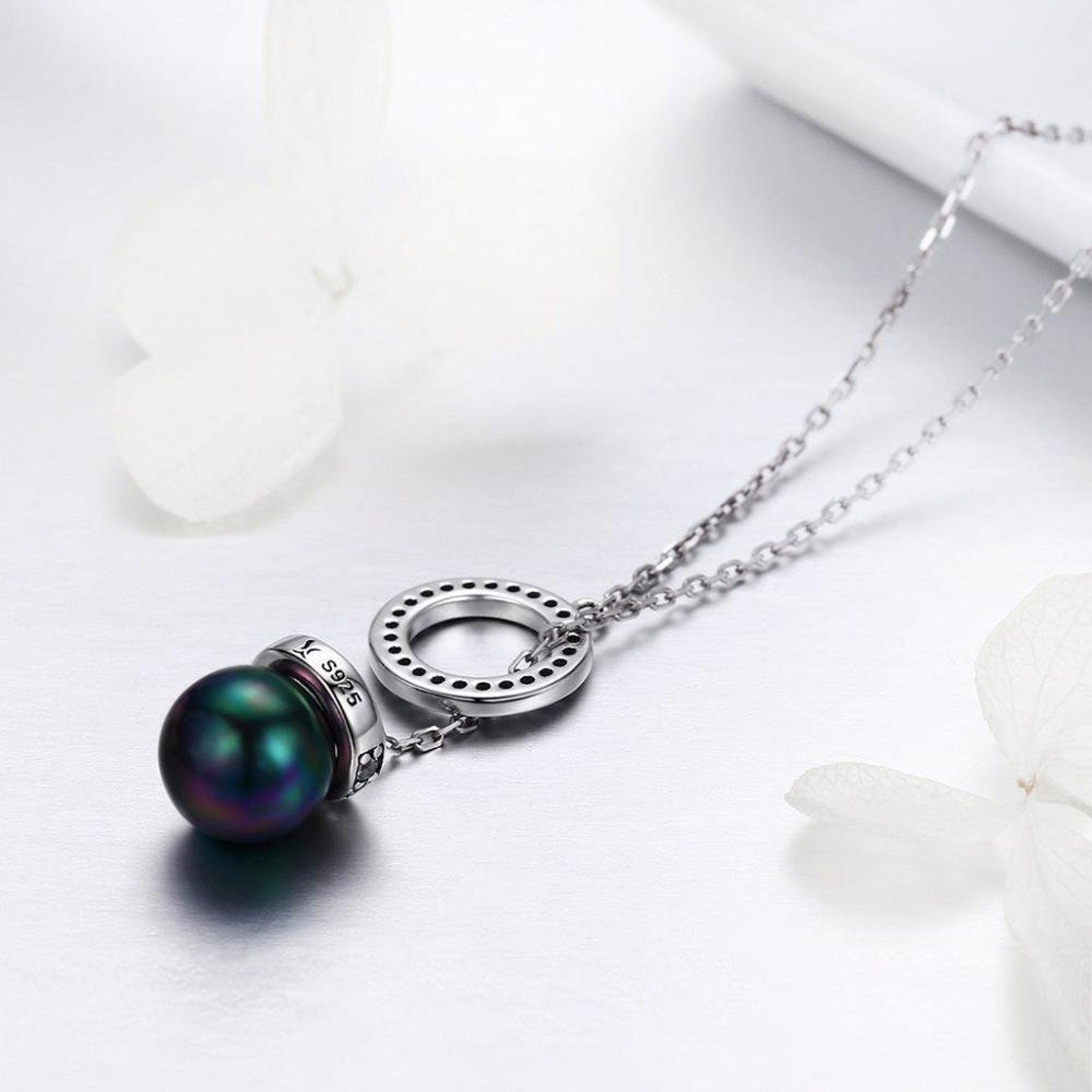 Sterling Silver Black Pearl with CZ Circular Pendant Necklace-Women Necklace-Auswara