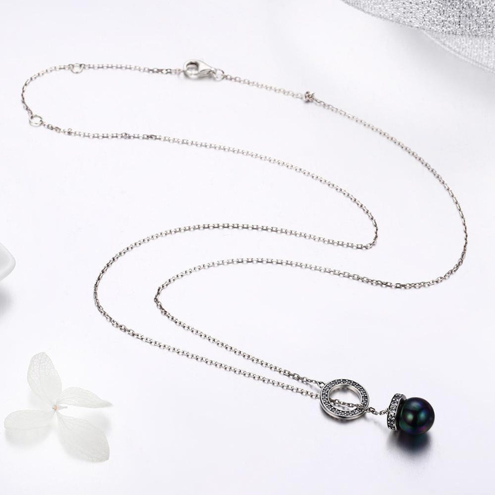 Sterling Silver Black Pearl with CZ Circular Pendant Necklace-Women Necklace-Auswara