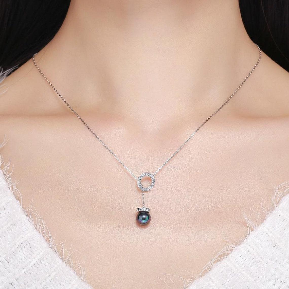 Sterling Silver Black Pearl with CZ Circular Pendant Necklace-Women Necklace-Auswara