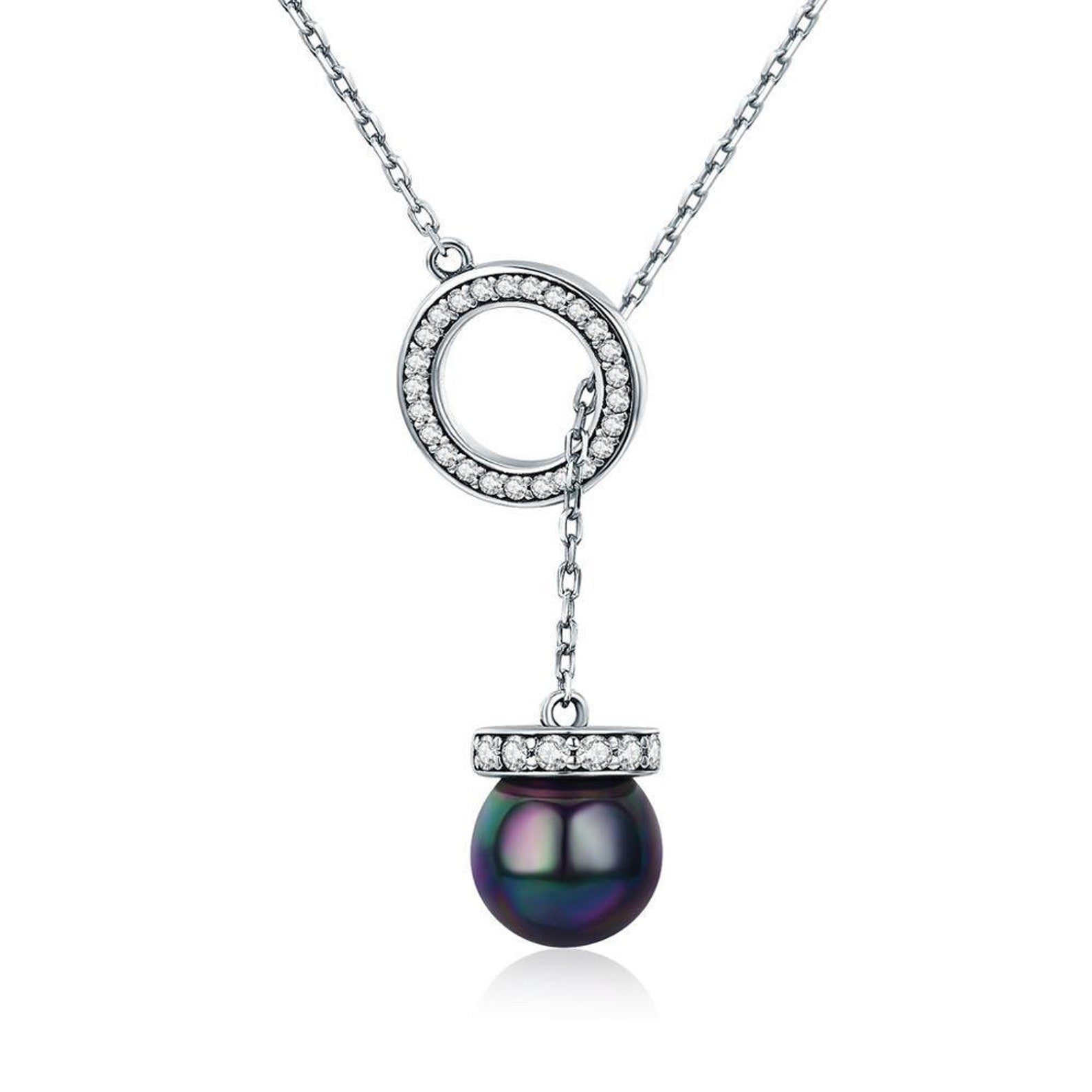 Sterling Silver Black Pearl with CZ Circular Pendant Necklace-Women Necklace-Auswara