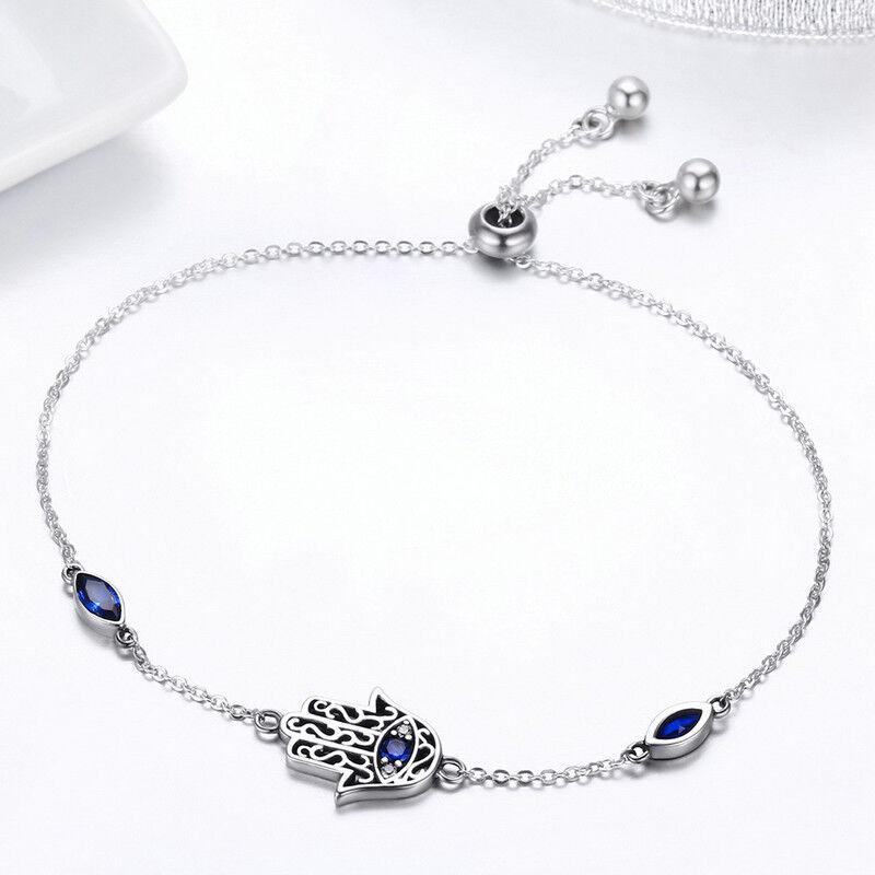 Sterling Silver Blue Hamsa Slider Chain Bracelet-Evil Eye Bracelet-Auswara