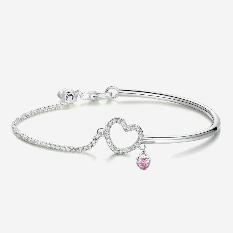 Sterling Silver CZ Heart with Pink Heart Charm Bracelet-Women Bracelets-Auswara