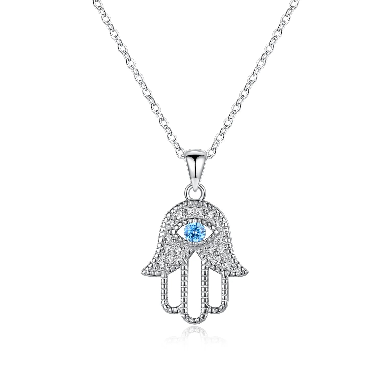 Sterling Silver Evil Eye Hamsa Pendant Necklace-Evil Eye Necklace-Auswara