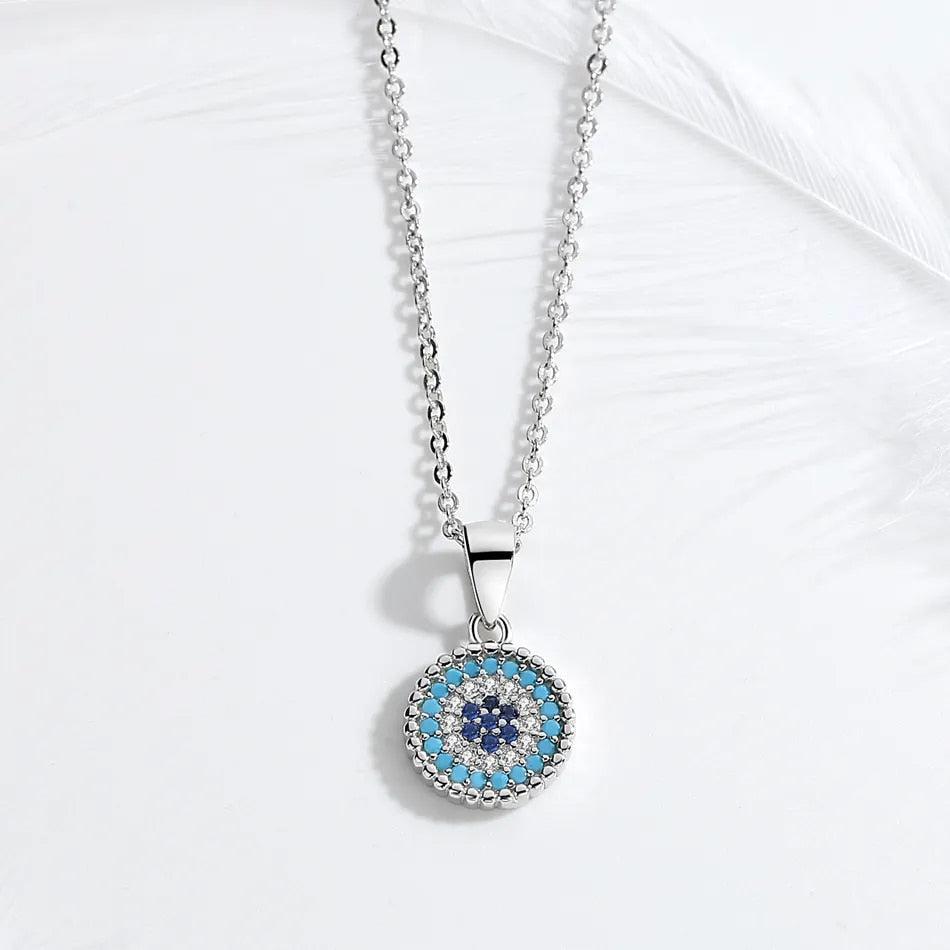 Sterling Silver Round Evil Eye Pendant Necklace with Cubic Zirconia-Evil Eye Necklace-Auswara