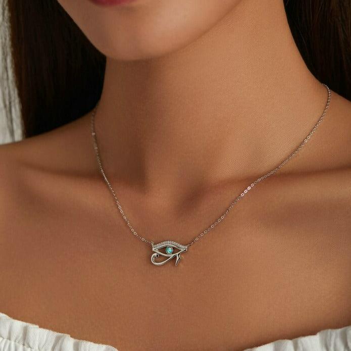 Sterling Silver Wedjat Eye Charm Necklace-Evil Eye Necklace-Auswara