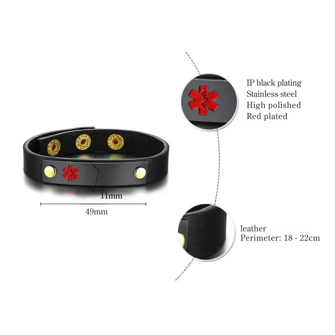 Adjustable Leather Medical Alert Bracelet with Black Bar