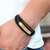 Black leather bracelet with engravable gold bar