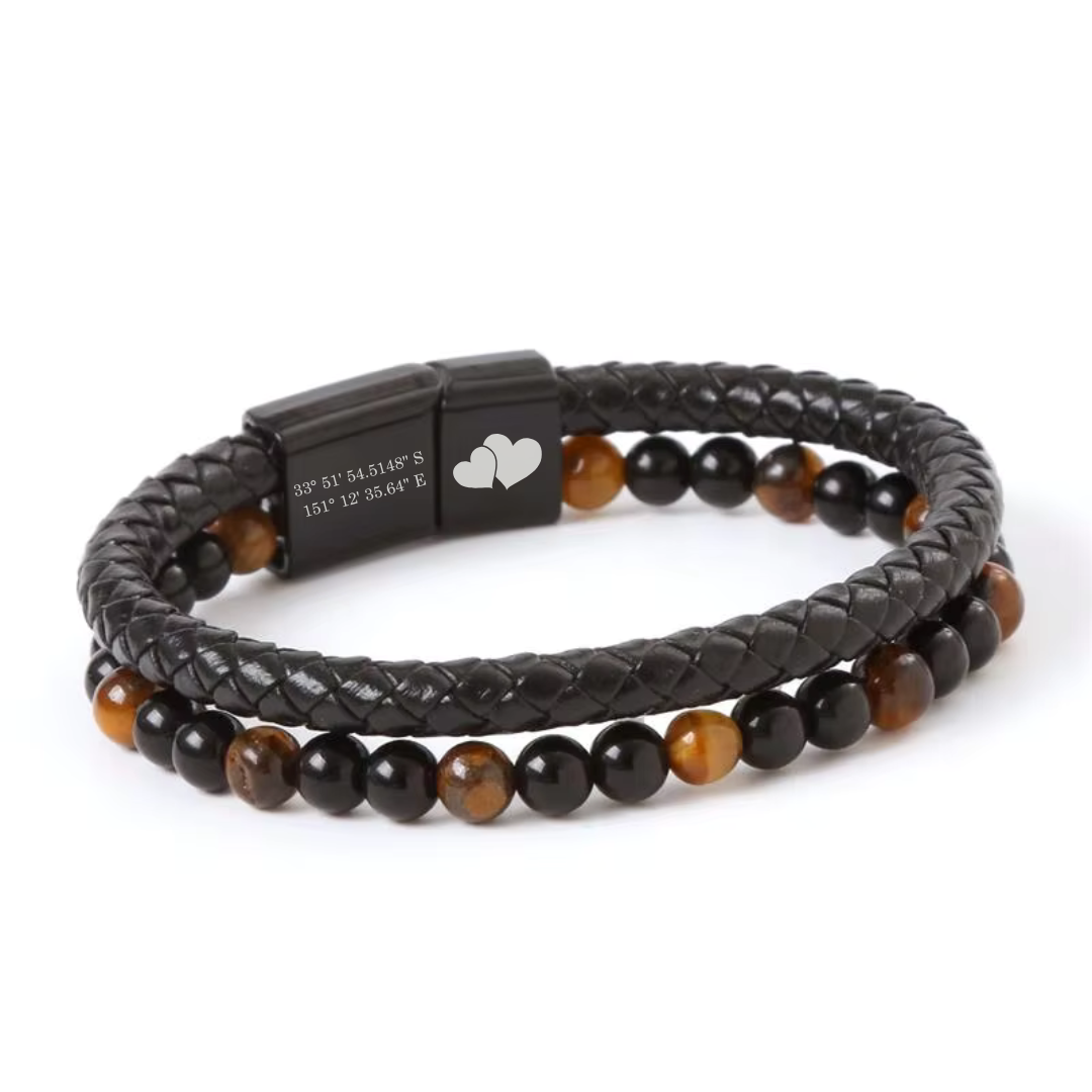 Black Leather & Classic Beads Personalised Bracelet