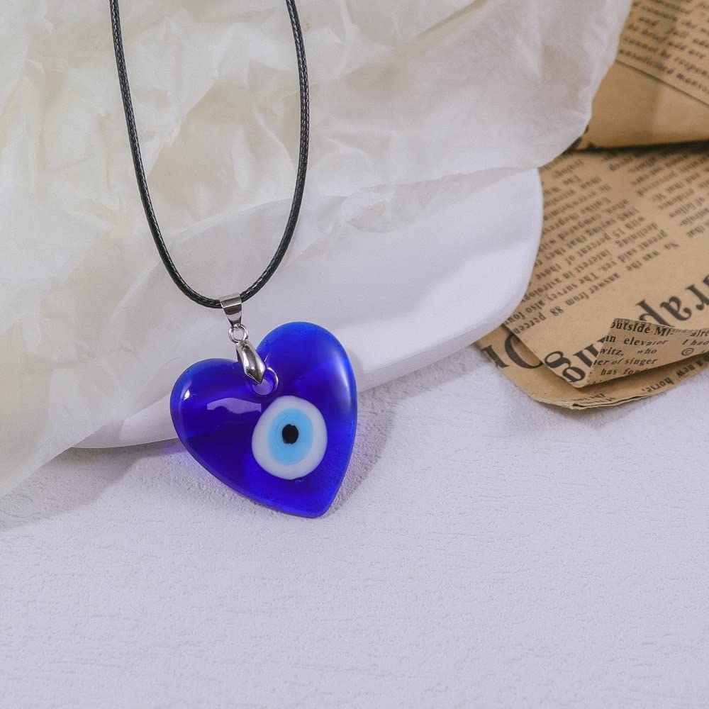 Waxed Rope Heart Shaped Evil Eye Pendant Necklace-Evil Eye Necklace-Auswara