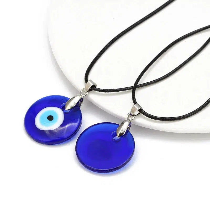 Waxed Rope Round Evil Eye Pendant Necklace-Evil Eye Necklace-Auswara